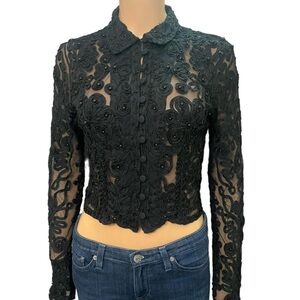 bebe Black Floral Lace Long Sleeve Top